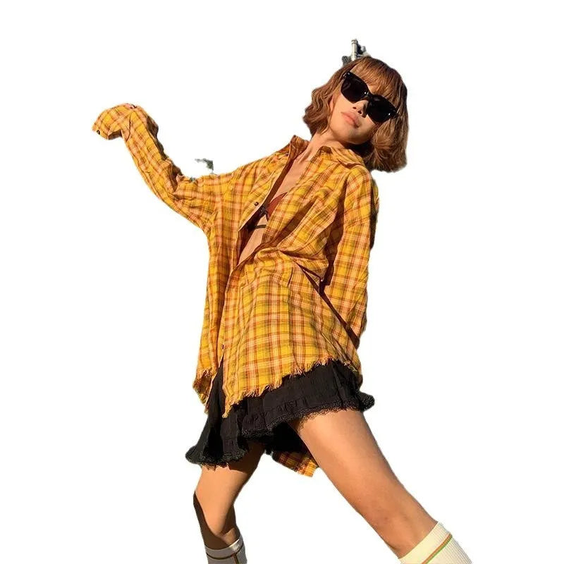 Original American dopamine yellow plaid loose fit casual shirt for men and women