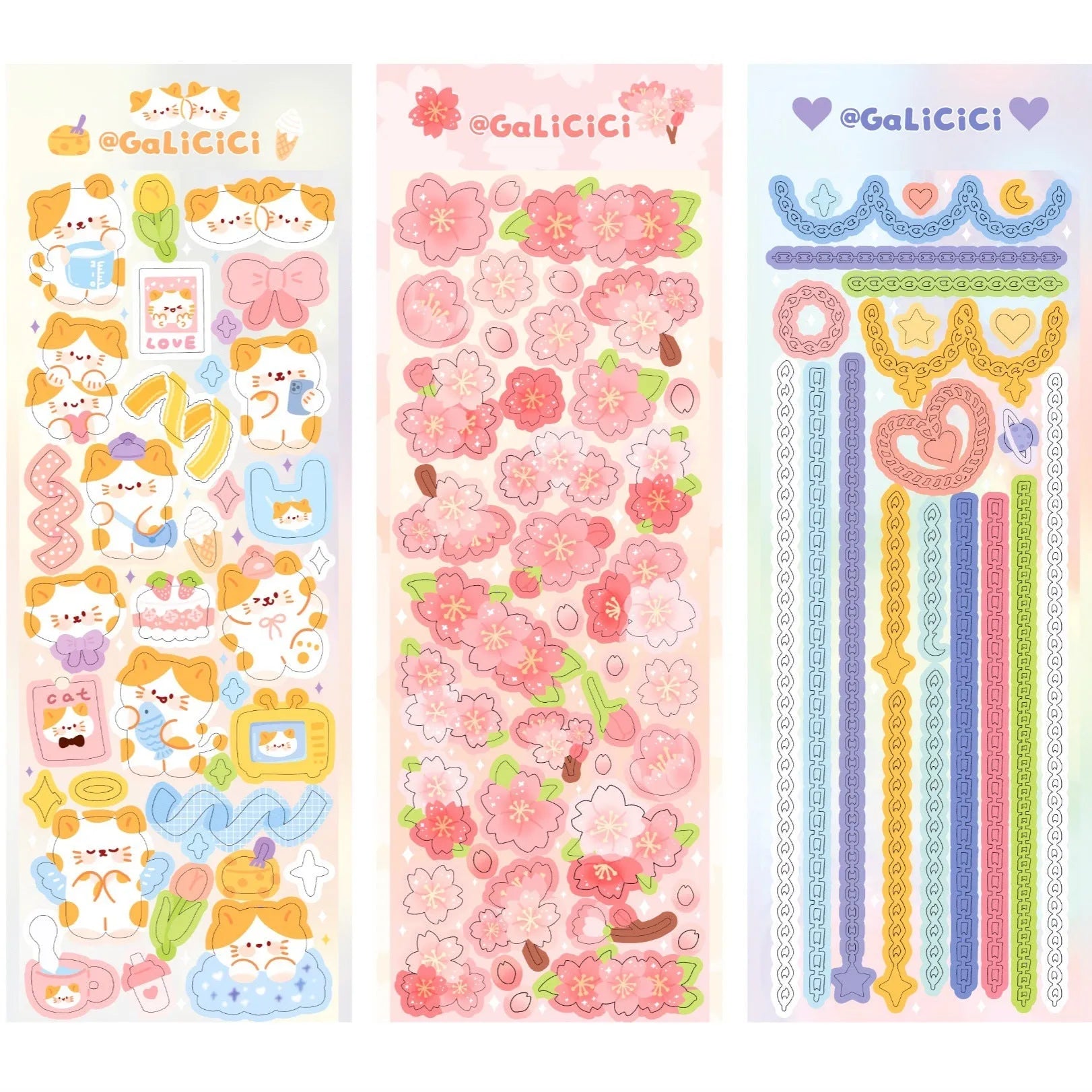 Cat cherry blossom decorative laser sticker with glitter star pattern, 6.5 x 18 cm, gold silver chain sticker