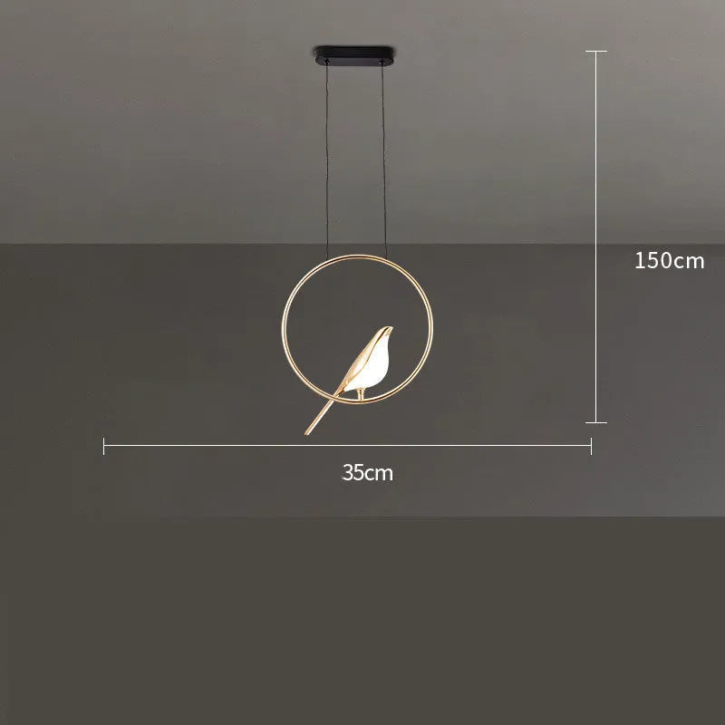 Modern linear magpie bird chandelier with zinc alloy frame and acrylic details, 150cm long.