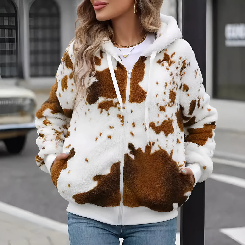 Yellow brown cow animal print hooded cardigan jacket with full front zipper in plush polyester fabric