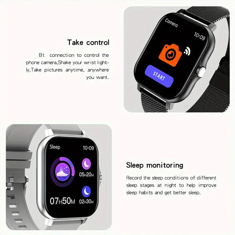 Smart watch with a 1.44-inch colour touch screen and a silicone wrist strap, shown in a silver steel finish.