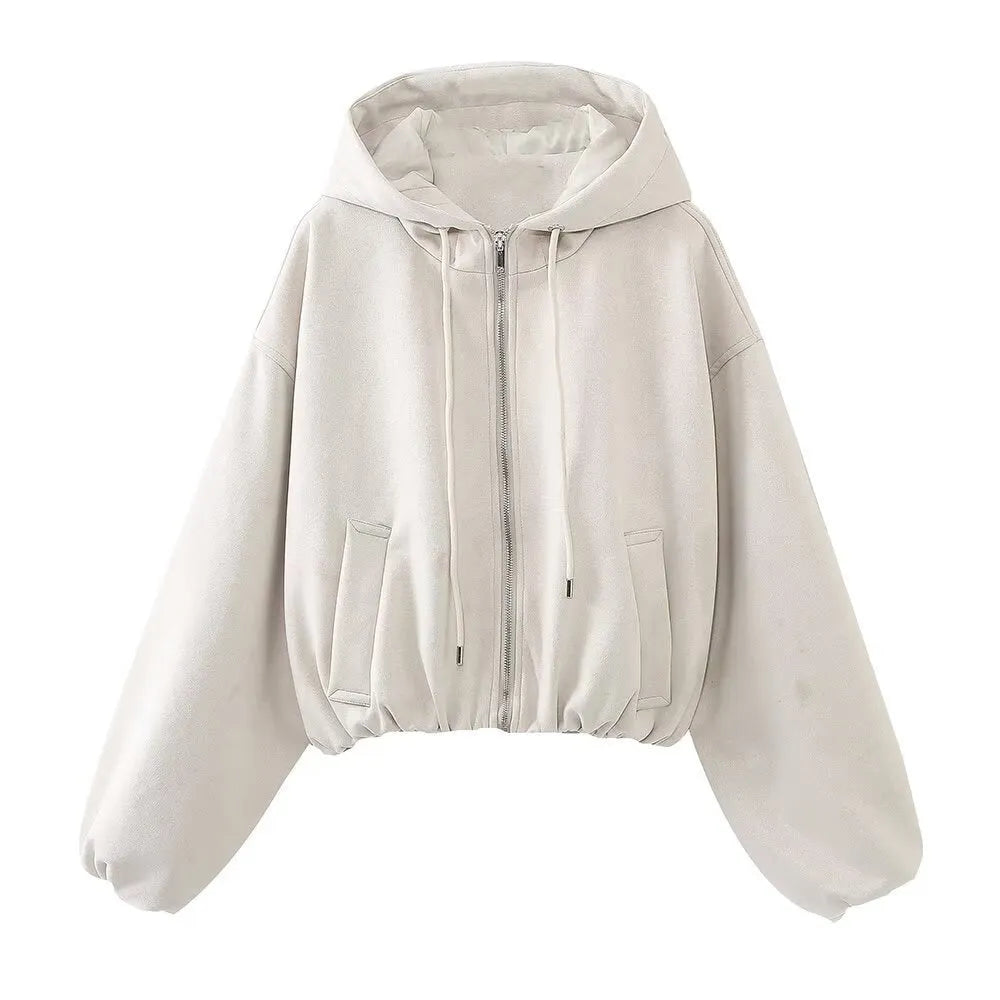 Women's casual suede hooded jacket in black or white colour options