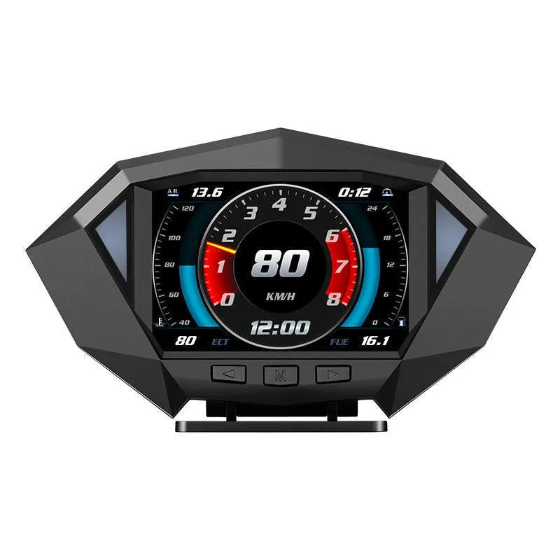 Black vehicle head-up display unit with OBD cable on a car dashboard.