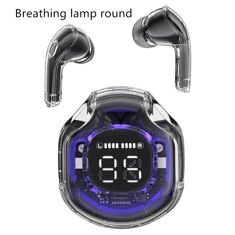 Transparent warehouse wireless Bluetooth in-ear headset in black, white, pink, sky blue, or violet colour.