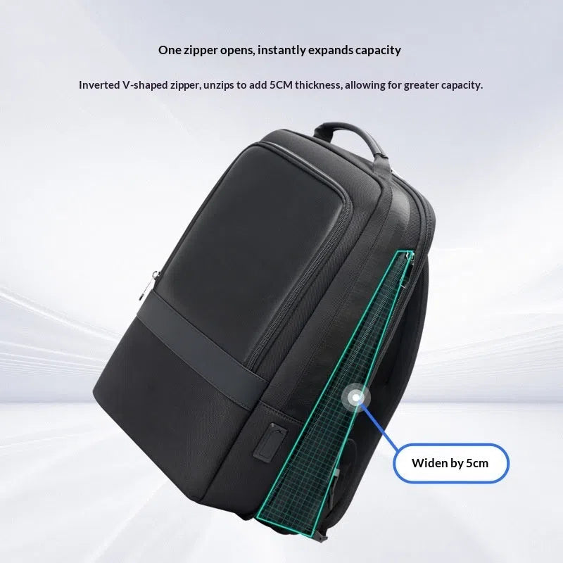 Men's commuter nylon backpack in black with stitched design and 20-35 litre capacity