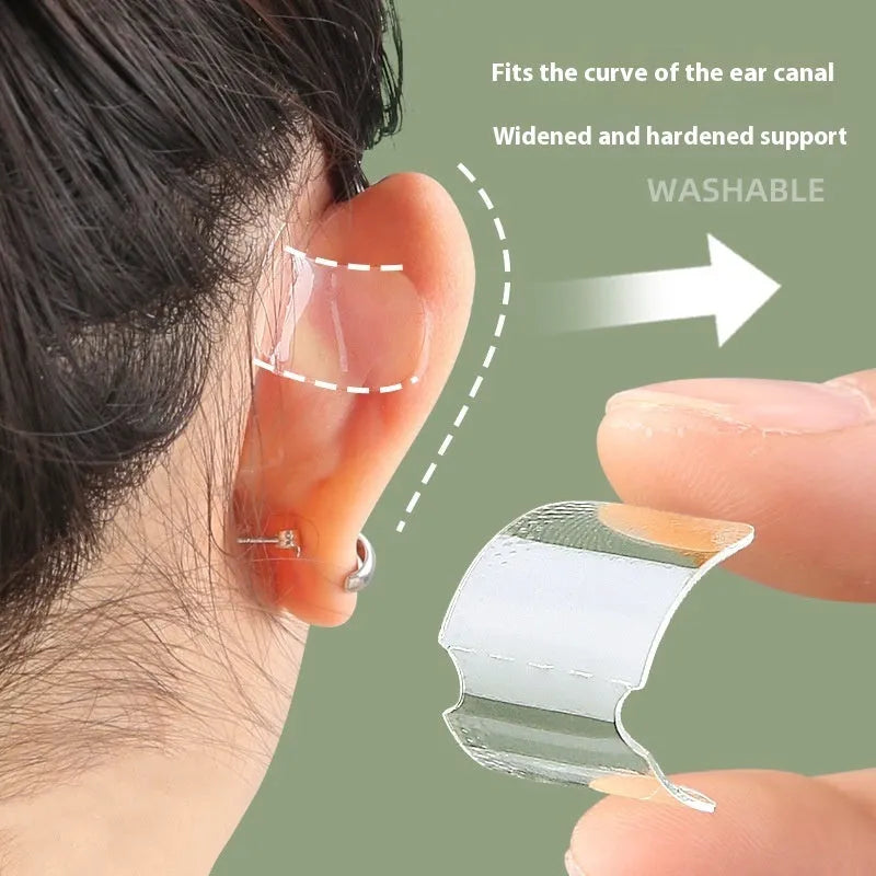 Transparent and frosted disposable ear support patches showing 0.1cm thickness on back paper