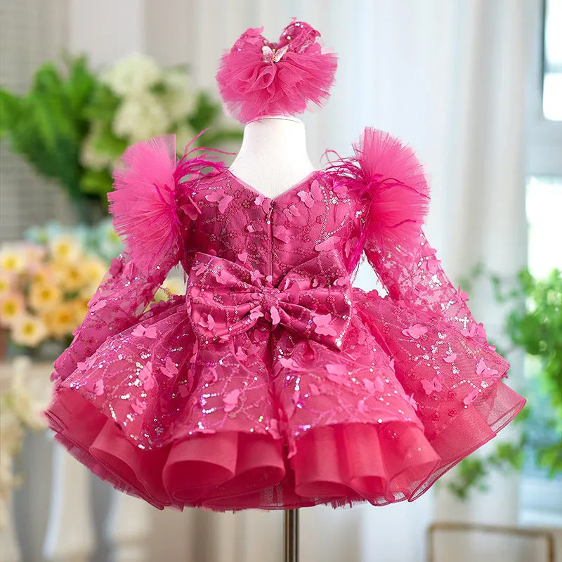 Rose red butterfly sequined long sleeve princess children's birthday party dress for girls 80-160cm
