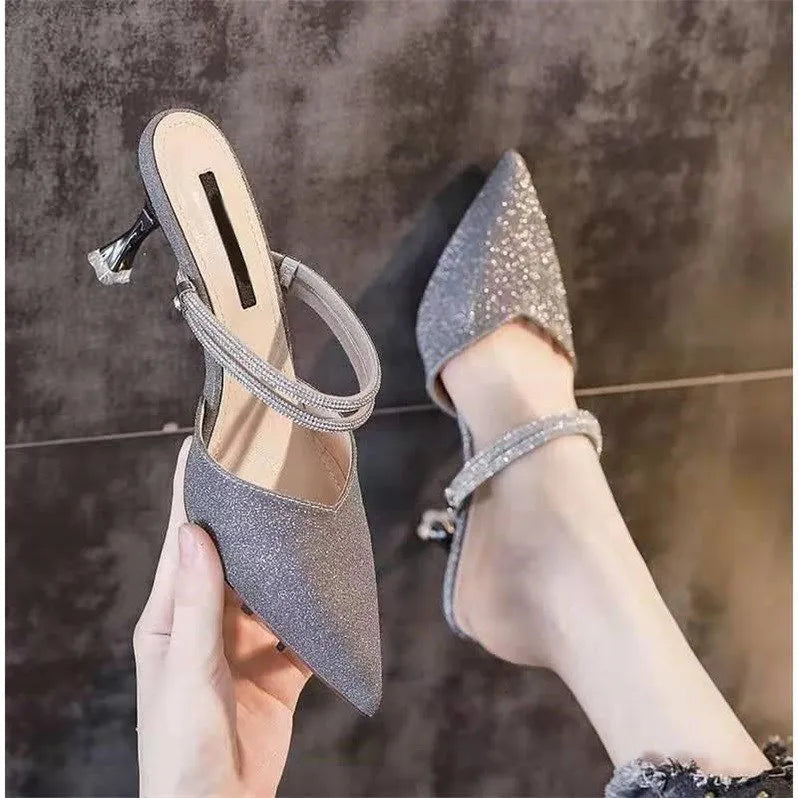 Women's baotou sandals stiletto heels closed-toe PU leather muller shoes pink colour