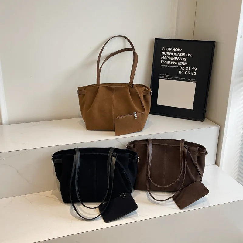 Suede casual commute shoulder bag, PU, 36x12x21cm, horizontal square, black brown coffee