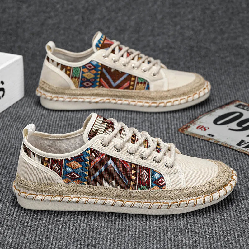 Men's black and beige cloth casual summer shoes with round toe design