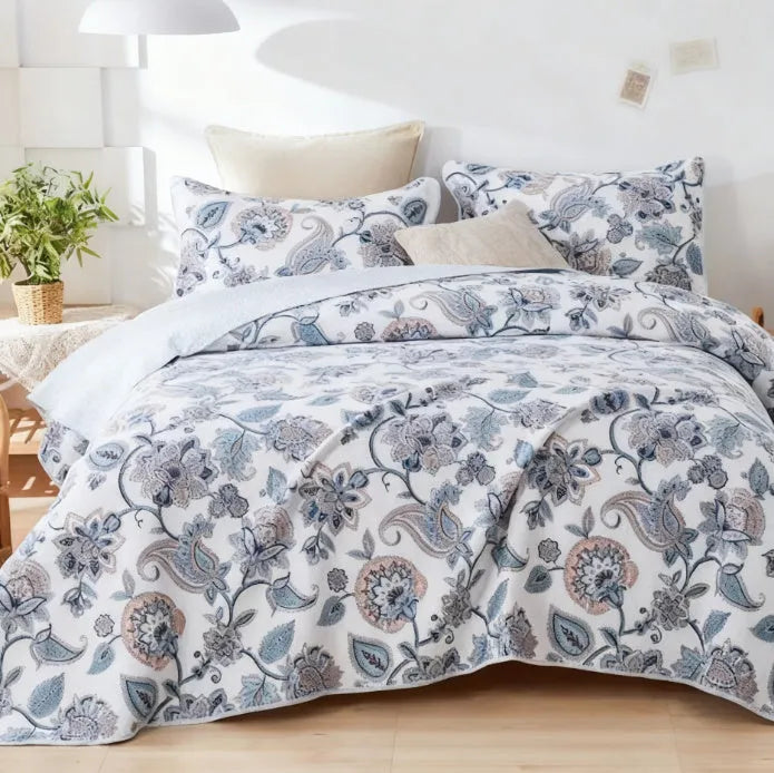 All cotton three-piece bed cover set with plants and flowers pattern, water scrubbing quilt, 230x250cm, American style, pure cotton bed sheet set.