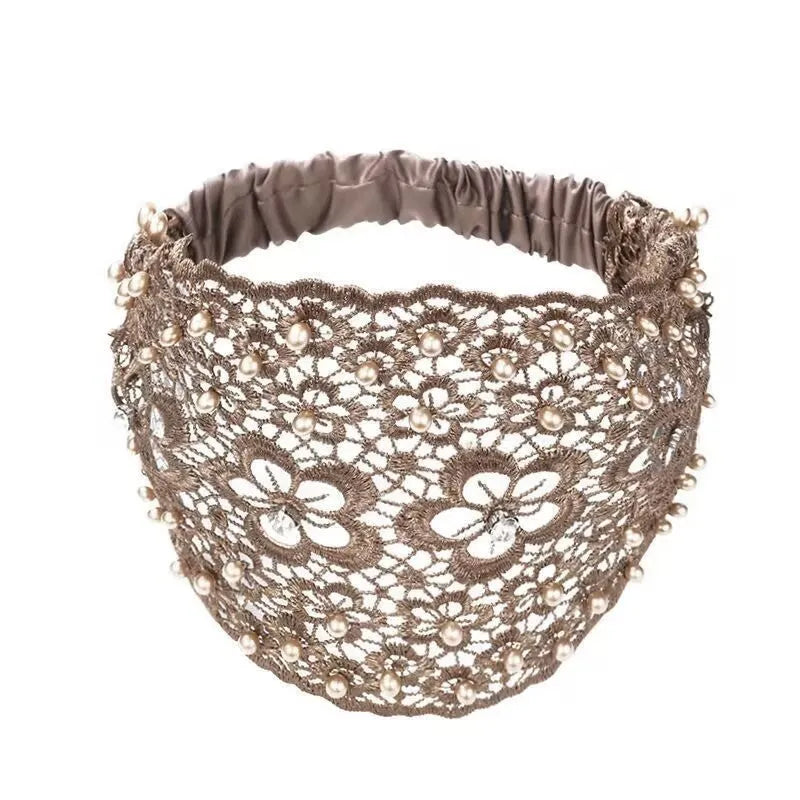 Plum blossom hollow wide brim hair band with pearl beads for women in brown