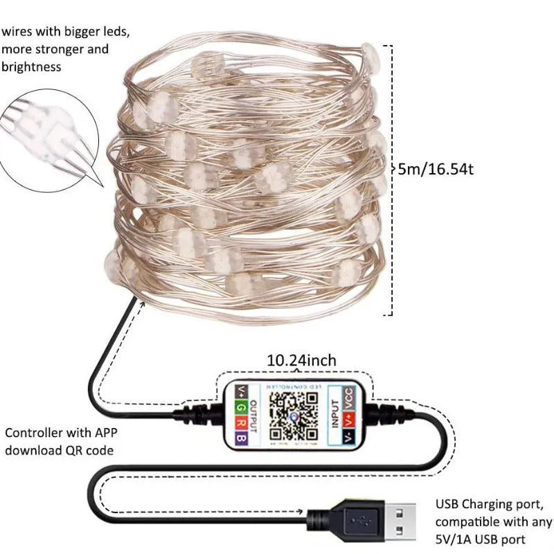 Copper wire curtain light string with smart phone control showing warm white LED lights