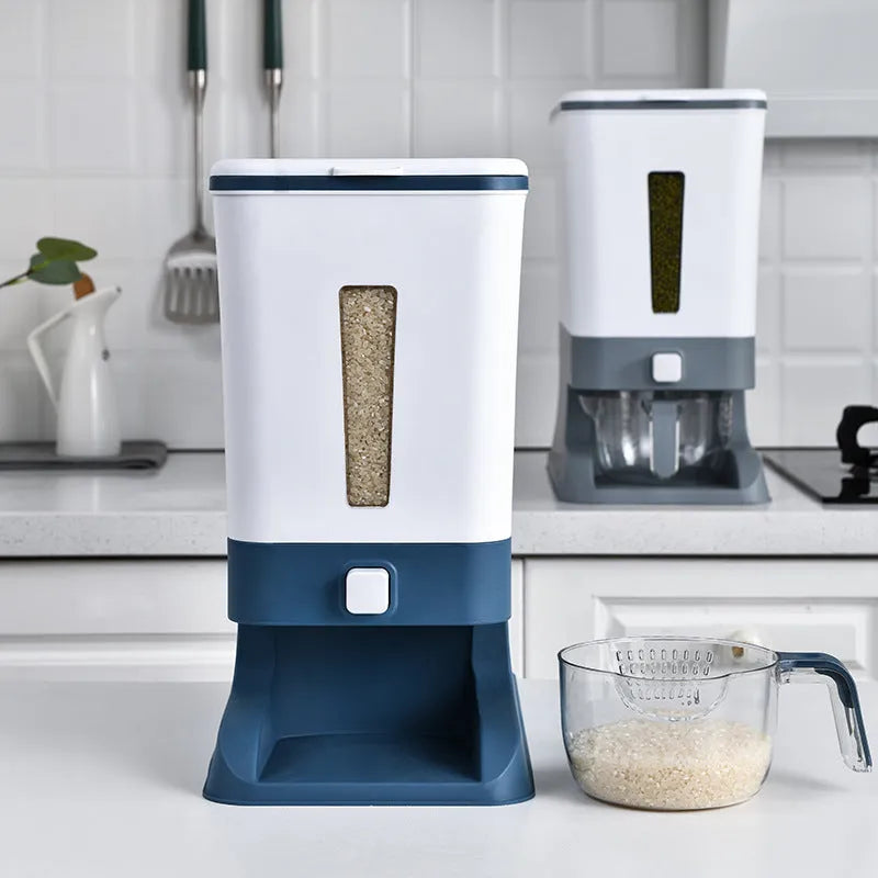 Automatic kitchen plastic rice bucket with metering dispenser in 5L to 6L capacity black colour