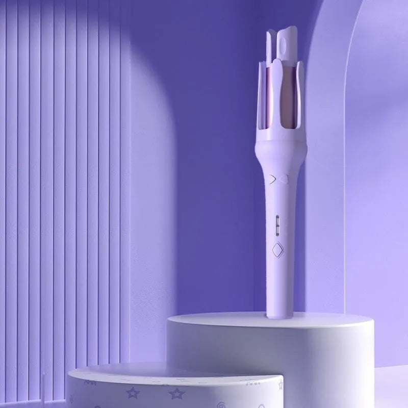 White and pink automatic hair curler with a rotating 32mm ceramic barrel and a power plug.