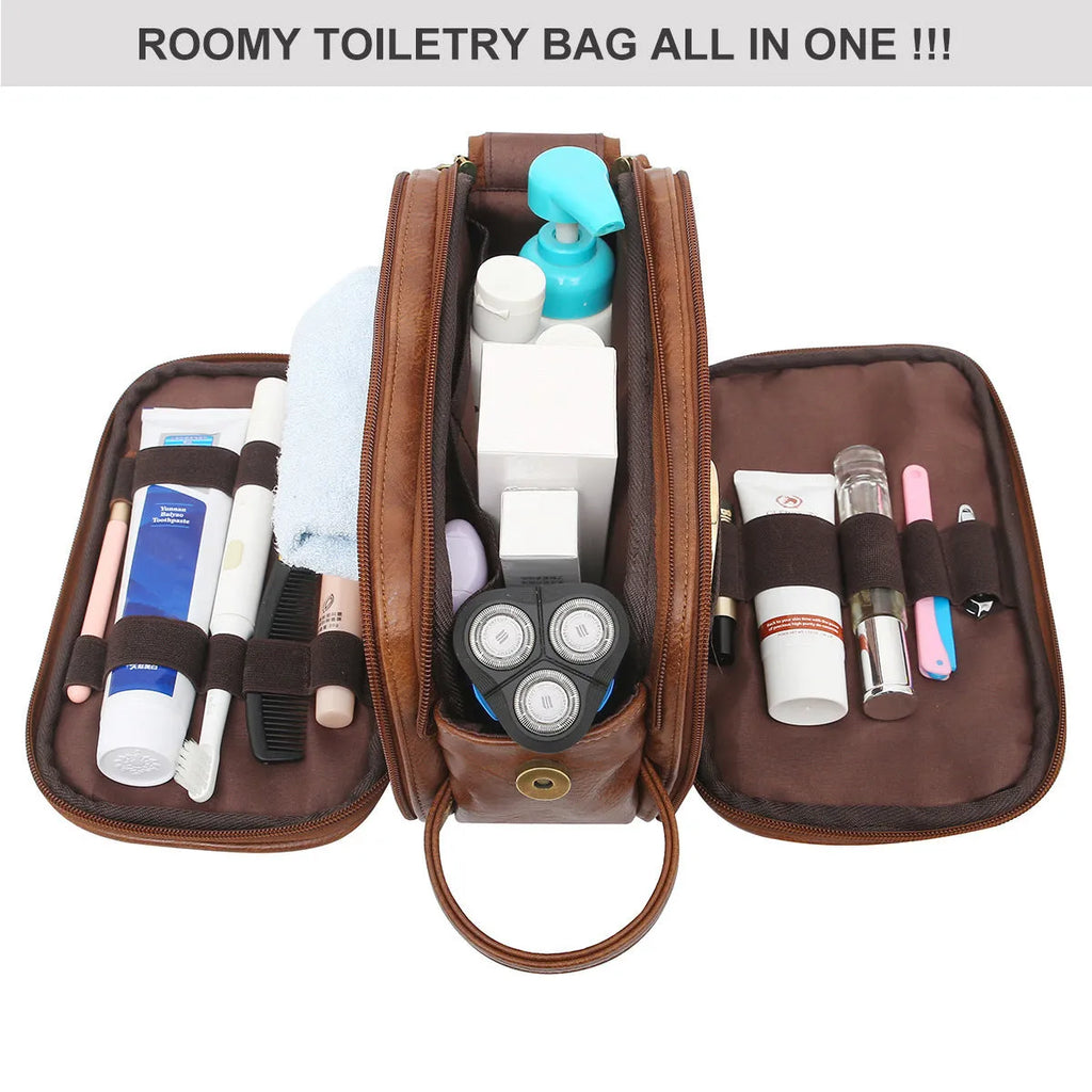 Men's solid-colour black PU toiletry bag for travel storage.