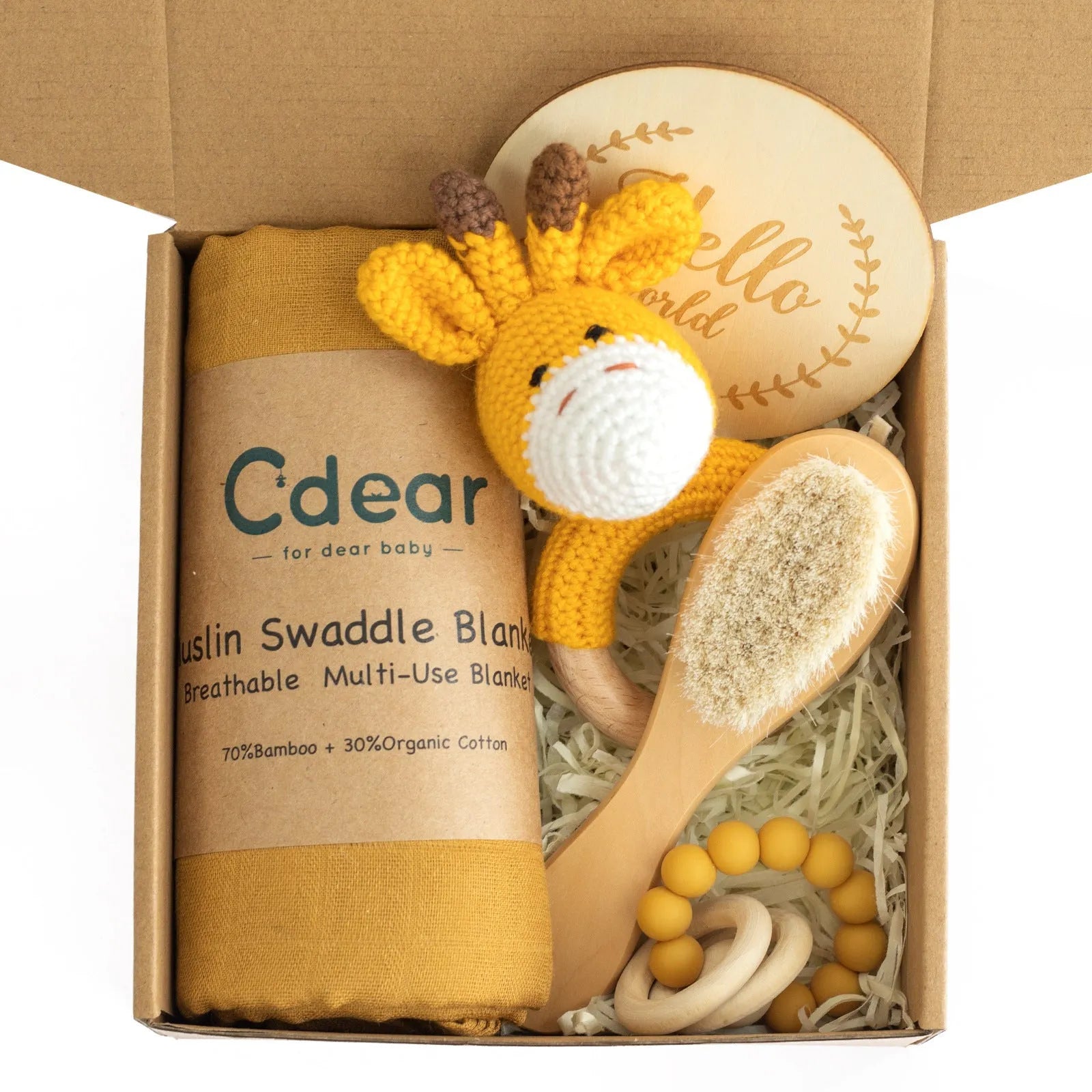 Baby teething gift set with bamboo gauze blanket, wooden chewing ring, woven bell, and developmental toys