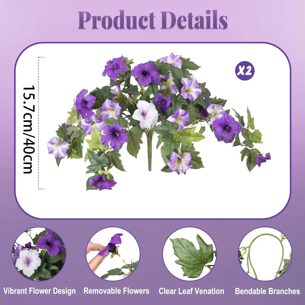 Purple plastic garden container with 12 forks holding red artificial silk flowers on a patio.