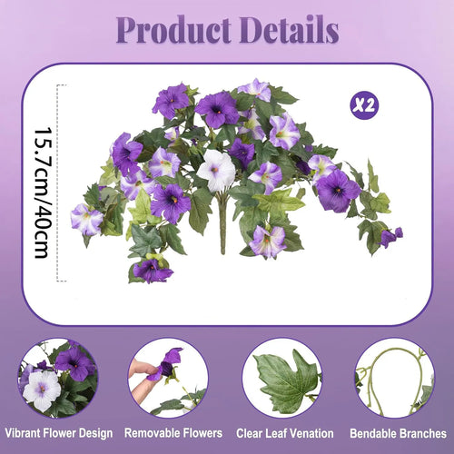 Purple plastic garden container with 12 forks holding red artificial silk flowers on a patio.