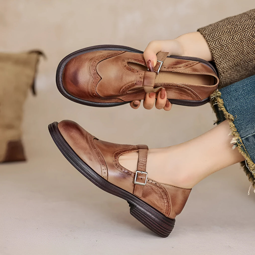 Women's black and brown British style flat shoes with round toe made from sheepskin