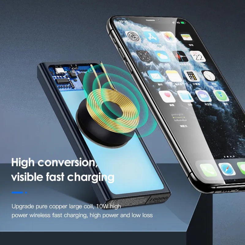 Black and blue aluminium alloy power bank with 10000mAh capacity and integrated plug for wireless charging.