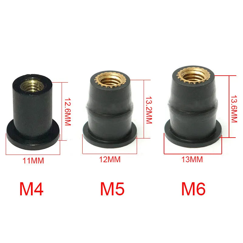 Black rubber and brass expansion well nut fasteners for motorcycle mounting in M4, M5, M6 sizes.