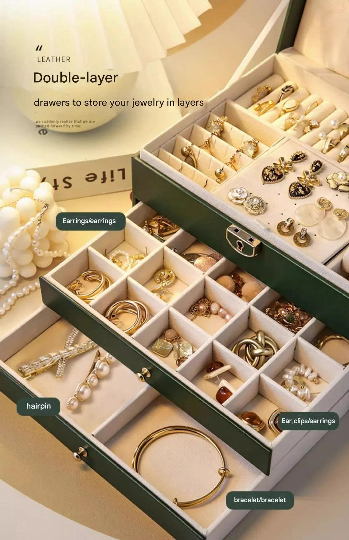 Leather jewellery storage box with three drawers open showing removable dividers and satin lining in four colour options