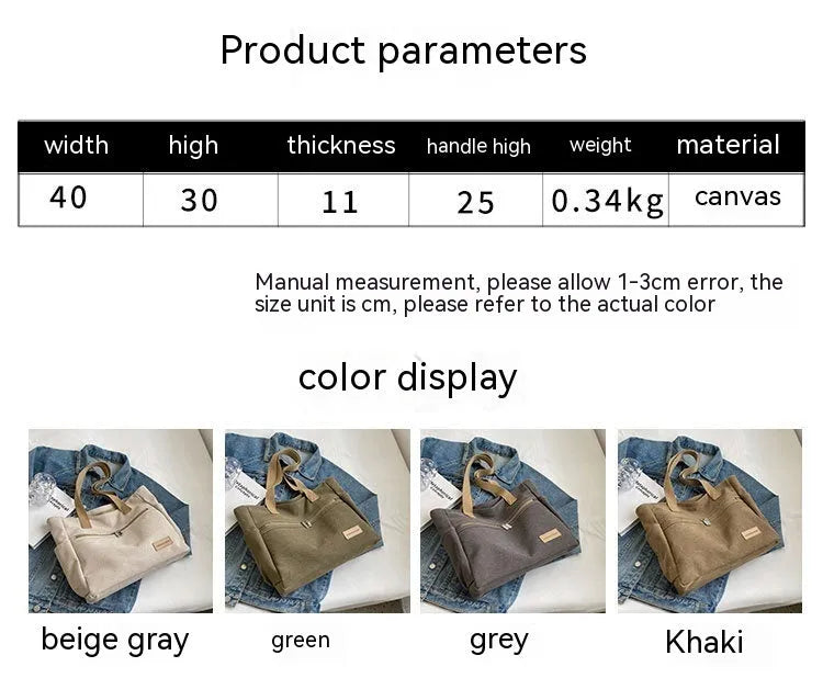 Canvas shoulder bag women's tote handbag in gray with contrast stitching and double shoulder straps