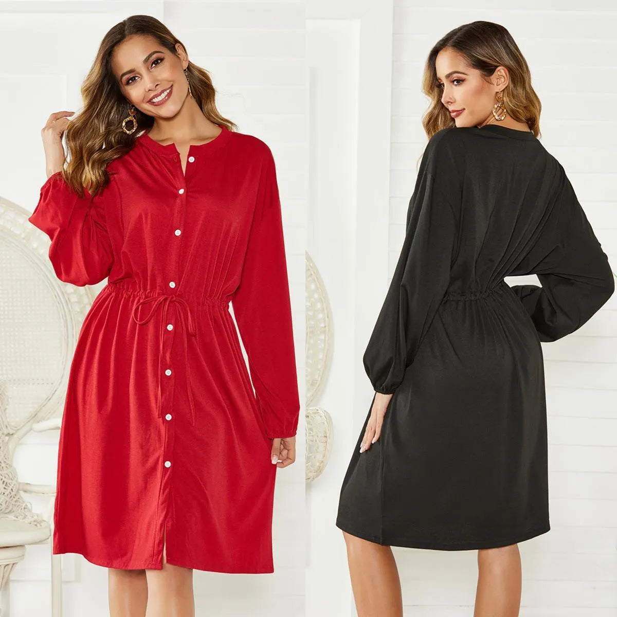 Black solid colour A-line midi dress with an elastic waist, long sleeves, and an attached belt.