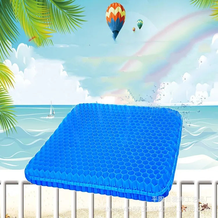 Solid colour gel seat cushion with a honeycomb pattern, shown with its removable PVC cover.