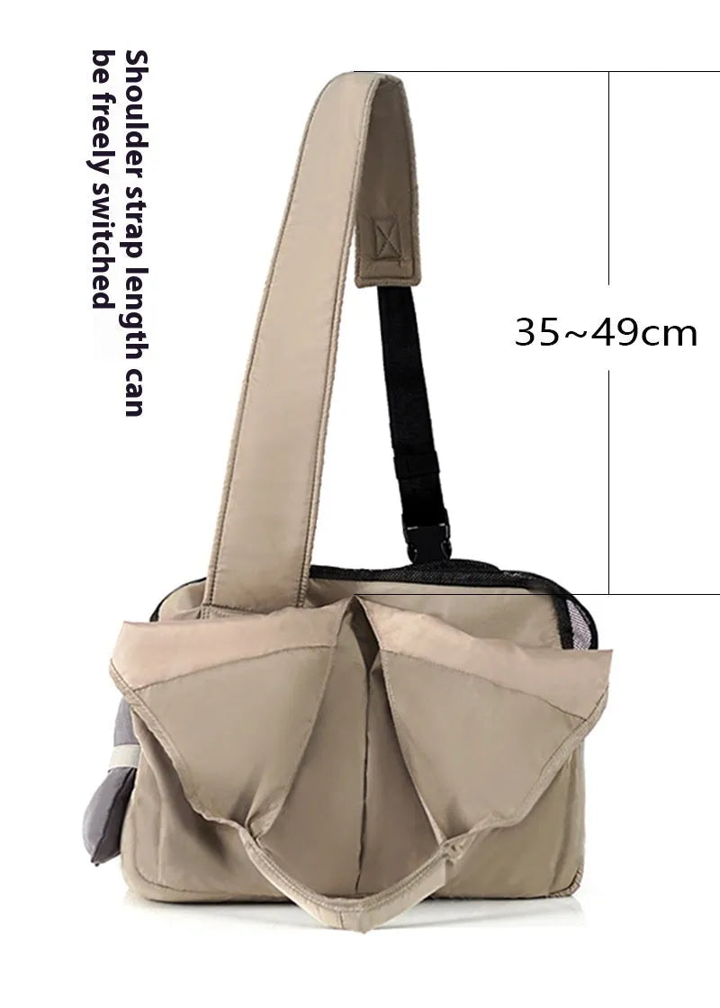 Apricot cloth pet summer handbag with adjustable strap, dimensions 41x16x28cm.