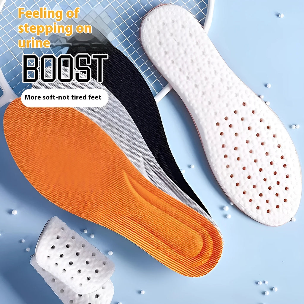 Grey, black, and orange PU sports insoles on a white background, showing cut-to-fit design for sizes 35-46.