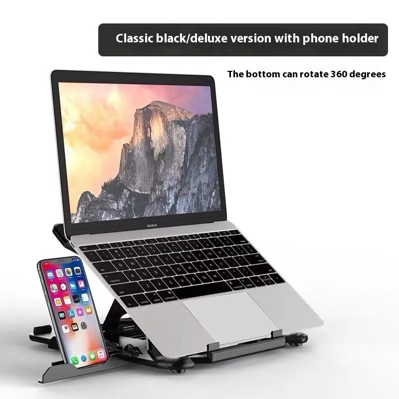 Black ABS plastic laptop bracket lifting stand with a strap phone holder on a wooden desk.