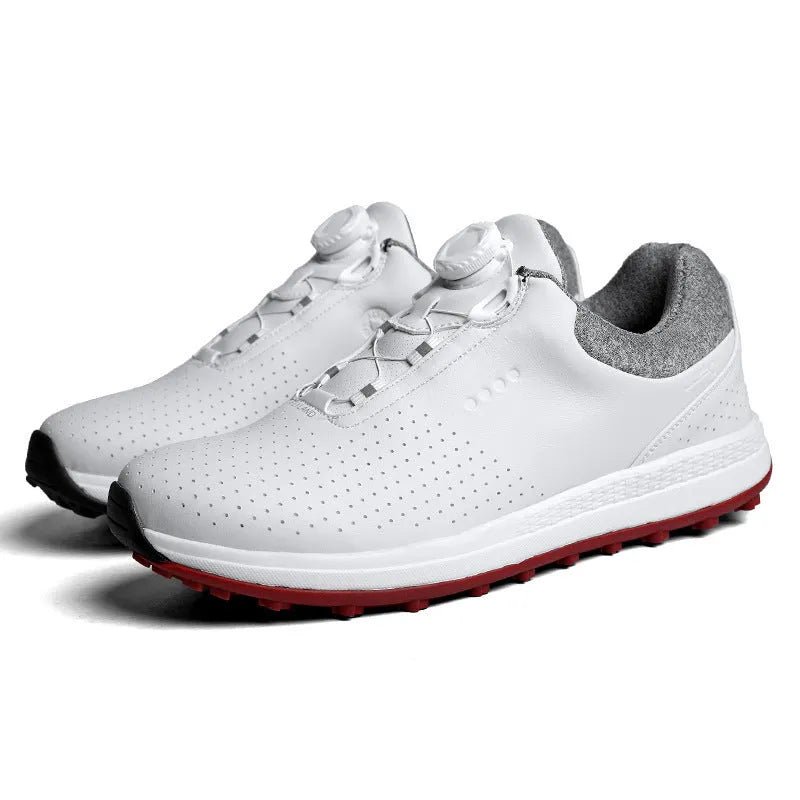 Men's white and black casual golf shoes with breathable hollow-out pattern and MD sole