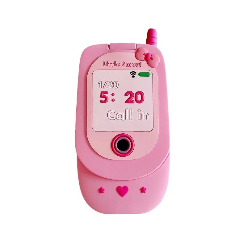 Light pink silicone flip phone case for iPhone with a built-in cosmetic mirror on the front.