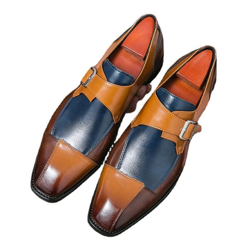 Men's brown blue British style casual shoes with buckle closure and tall crown upper
