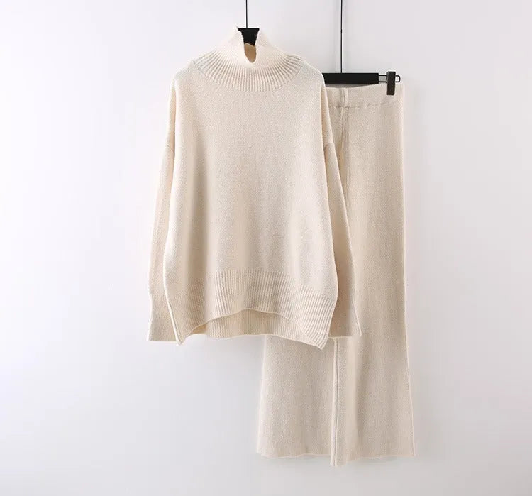 Women's milky white acrylic knit sweater and wide-leg trousers two-piece set for commuting.