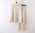 Women's milky white acrylic knit sweater and wide-leg trousers two-piece set for commuting.
