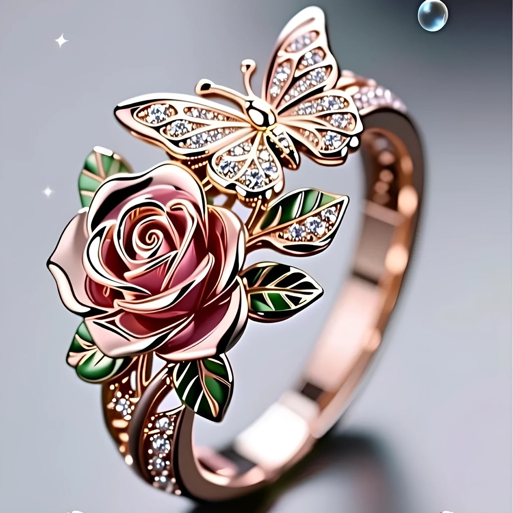 Close-up of an adjustable alloy butterfly ring with colourful oil-drip finish and floral details.