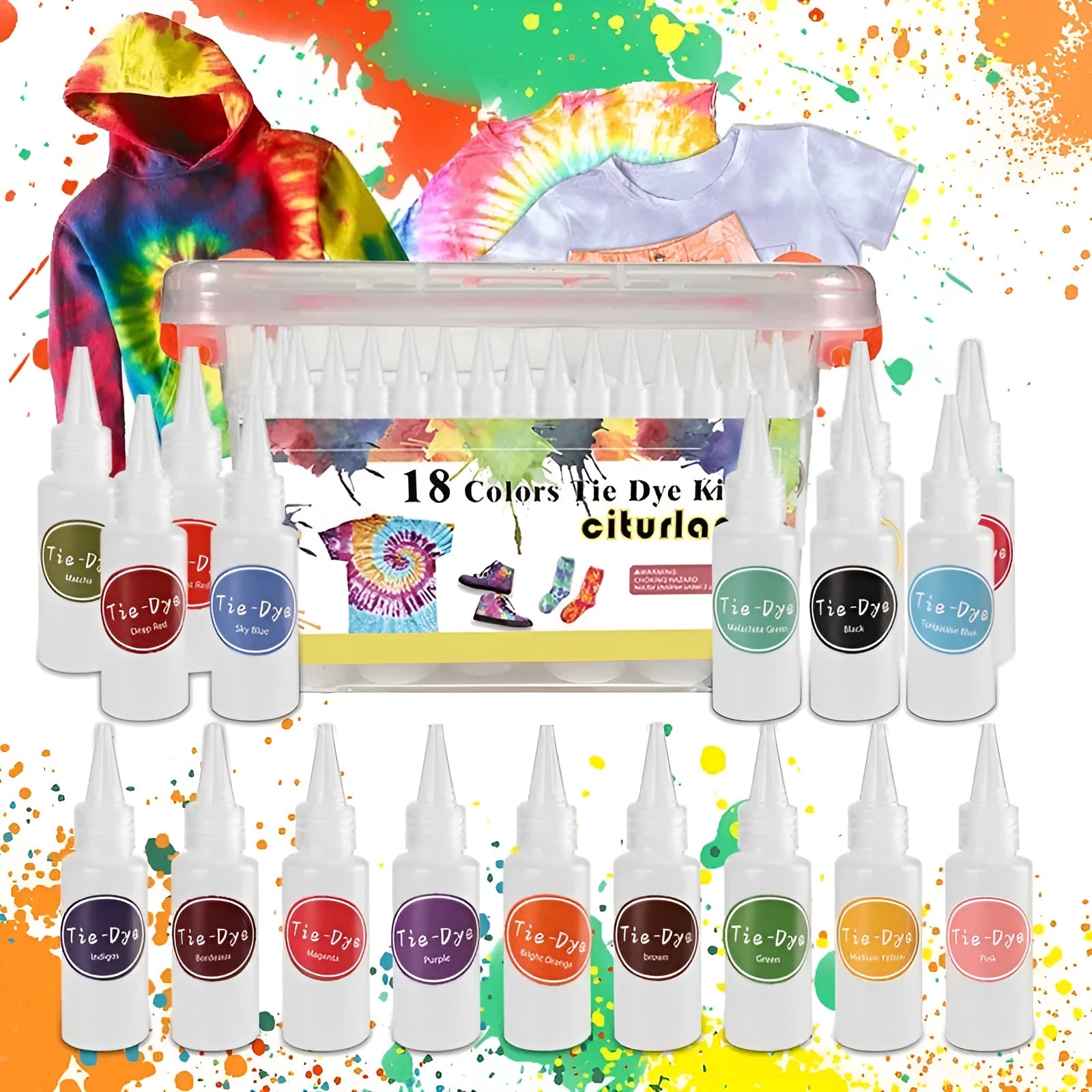 Children's 18 colour dye storage box set with 30ml bottles and accessories including rubber bands, aprons, and tablecloth