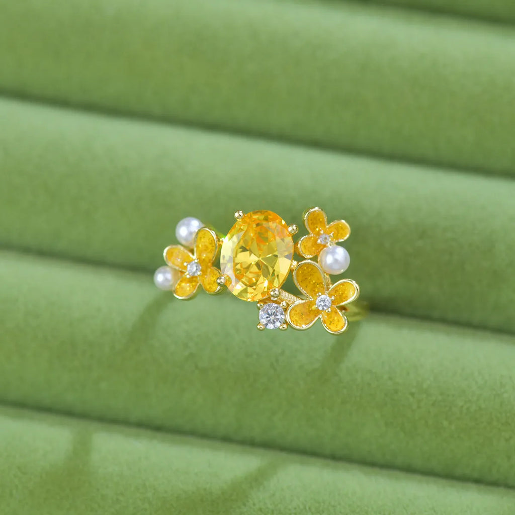 Women's flower pearl zircon open ring in yellow and light purple colours with adjustable metal design