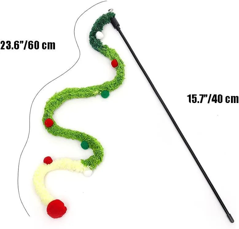 Cat wand toy with long plush strip and colourful ball featuring bells for interactive indoor play