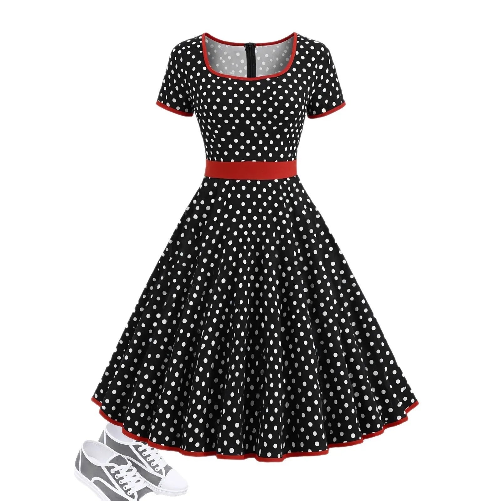 Multicolour polka dot dress with square neckline, short sleeves, front zip, and a pleated midi skirt.