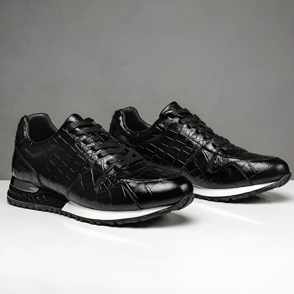 Crocodile pattern elevated leather shoes in black with wedge heel and rubber sole