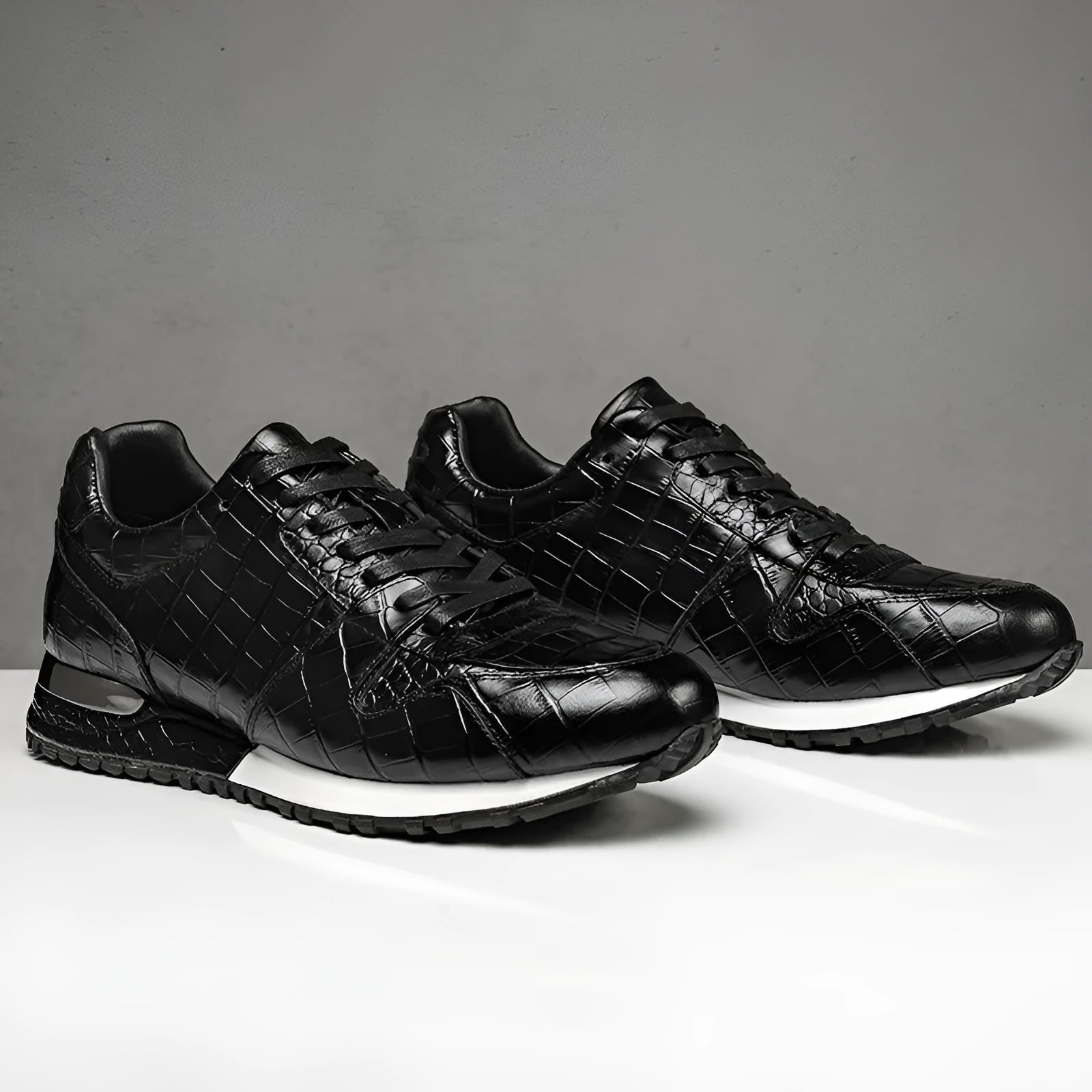 Crocodile pattern elevated leather shoes in black with wedge heel and rubber sole