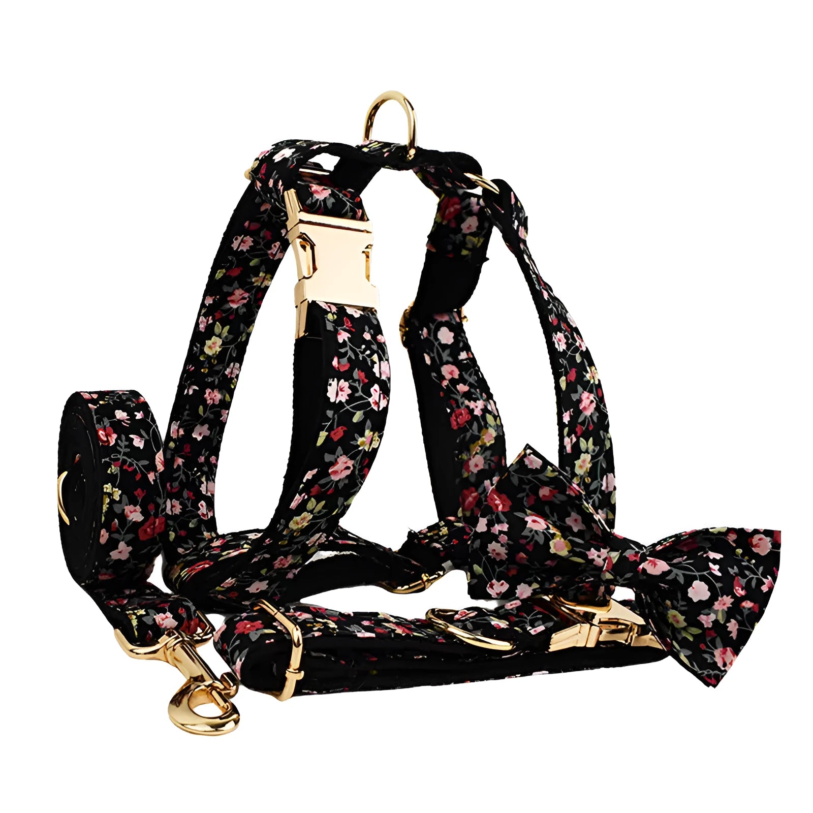 Four-piece pet accessory set with dog collar, leash, removable bow, and printed vest in cloth material