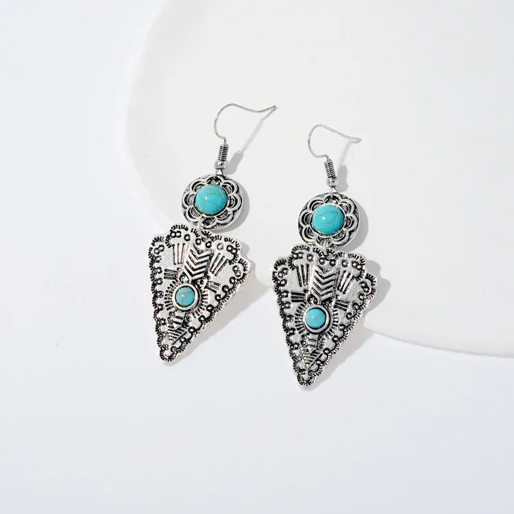 Retro old triangle water drop alloy earrings for women, national style holiday travel accessory