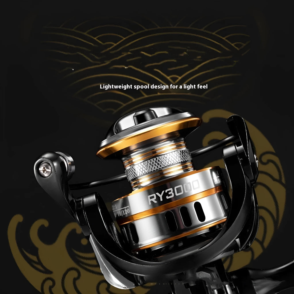 All-metal spinning fishing reel with EVA grip handle on a selection of six model sizes.