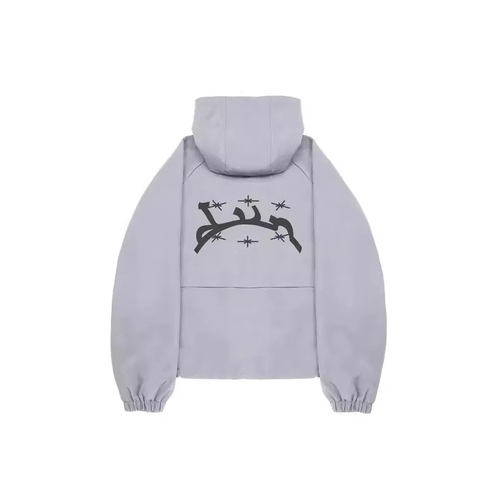 Men's grey loose hooded British-style jacket with polyester fabric on mannequin