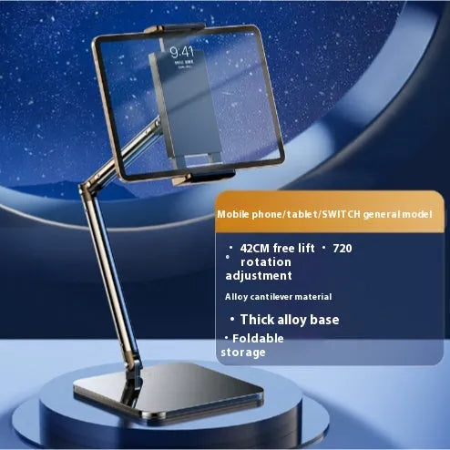 Universal alloy lazy bracket holding a mobile phone on a bedside table